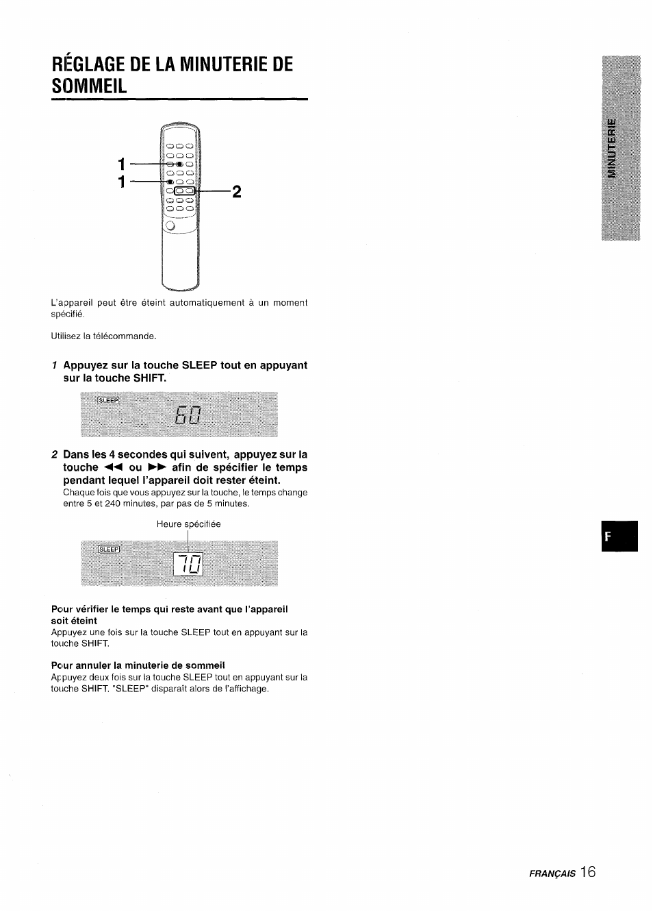 Reglage de la minuterie de sommeil, Pour annuler la minuterie de sommeil, Réglage de la minuterie de sommeil | Aiwa LCX-350 User Manual | Page 57 / 64