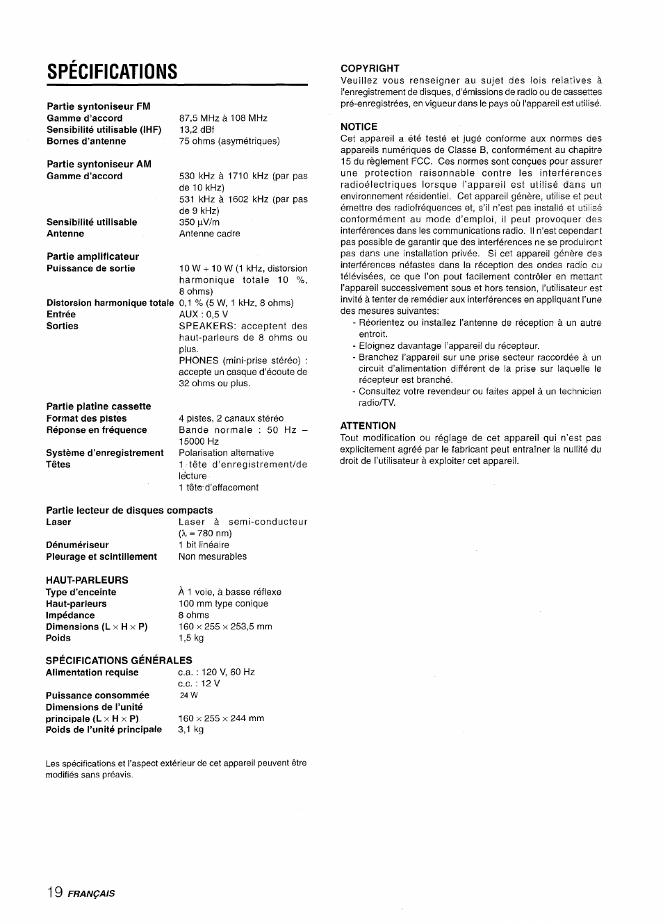 Specifications | Aiwa LCX-350 User Manual | Page 60 / 64