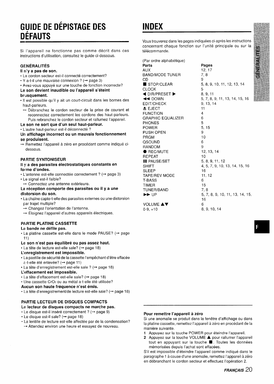Guide de depistage des défauts, Index, Pour remettre l’appareil à zéro | Guide de dépistage des défauts index | Aiwa LCX-350 User Manual | Page 61 / 64