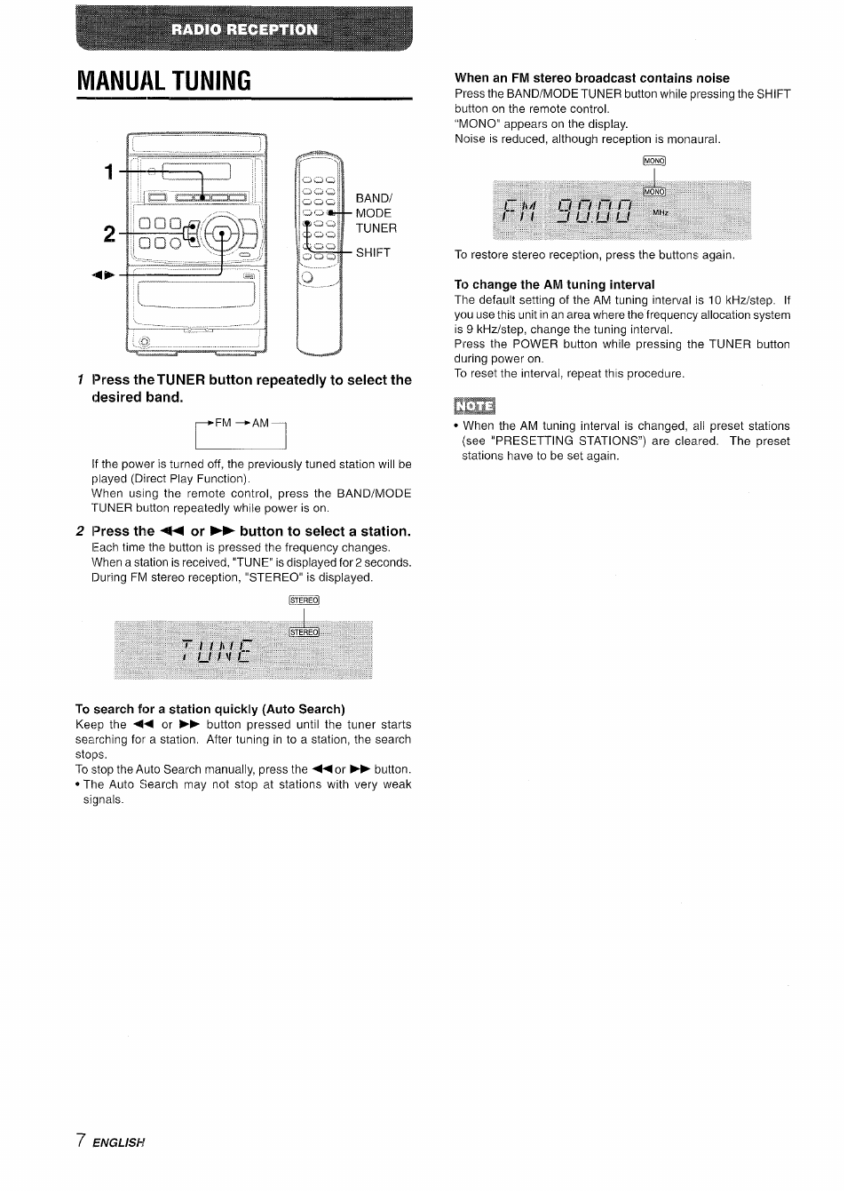 Manual tuning, Press the ◄◄ or ►► button to select a station, When an fm stereo broadcast contains noise | To change the am tuning interval, To search for a station quickly (auto search), J u . u u | Aiwa LCX-350 User Manual | Page 8 / 64