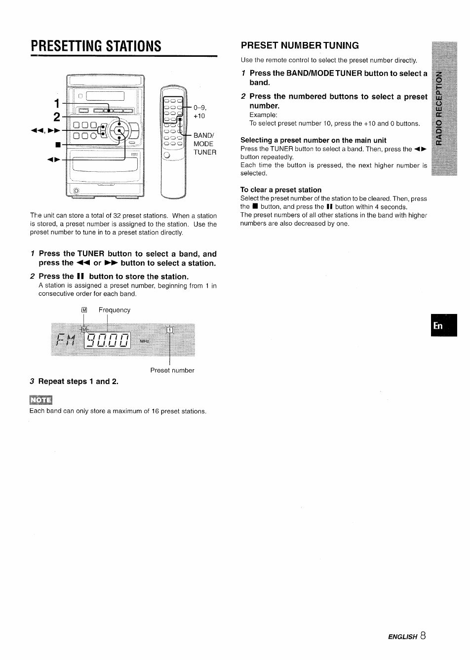 Selecting a preset number on the main unit, To clear a preset station, 2 press the ii button to store the station | 3 repeat steps 1 and 2, Presening stations, U . u u | Aiwa LCX-350 User Manual | Page 9 / 64