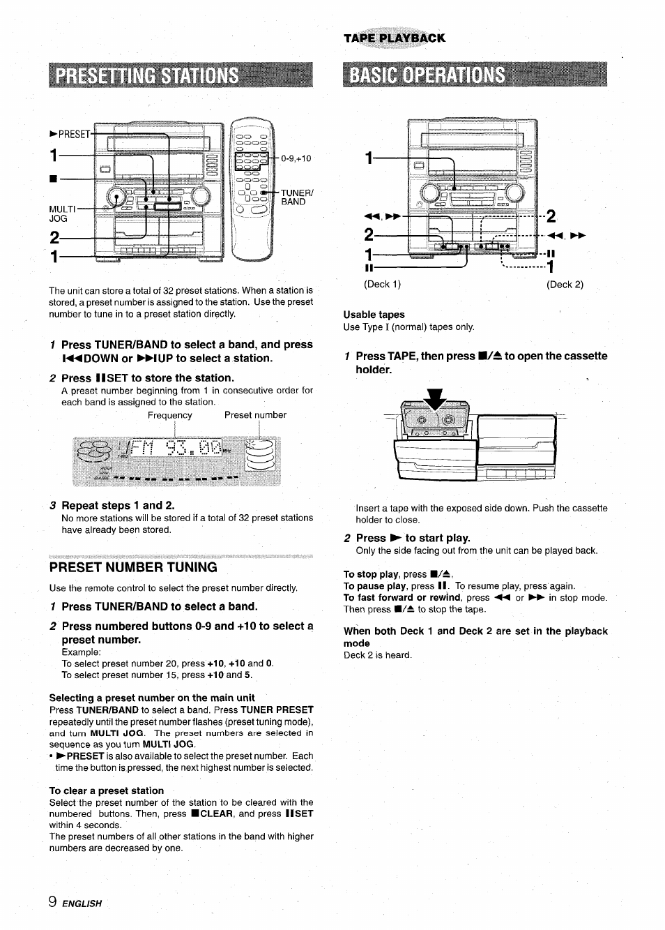 2 press 11 set to store the station, Jr1 93:= 00, Usable tapes | 3 repeat steps 1 and 2, Preset number tuning, 1 press tuner/band to select a band, Selecting a preset number on the main unit, To clear a preset station, 2 press ► to start play | Aiwa Z-VR55 User Manual | Page 10 / 68