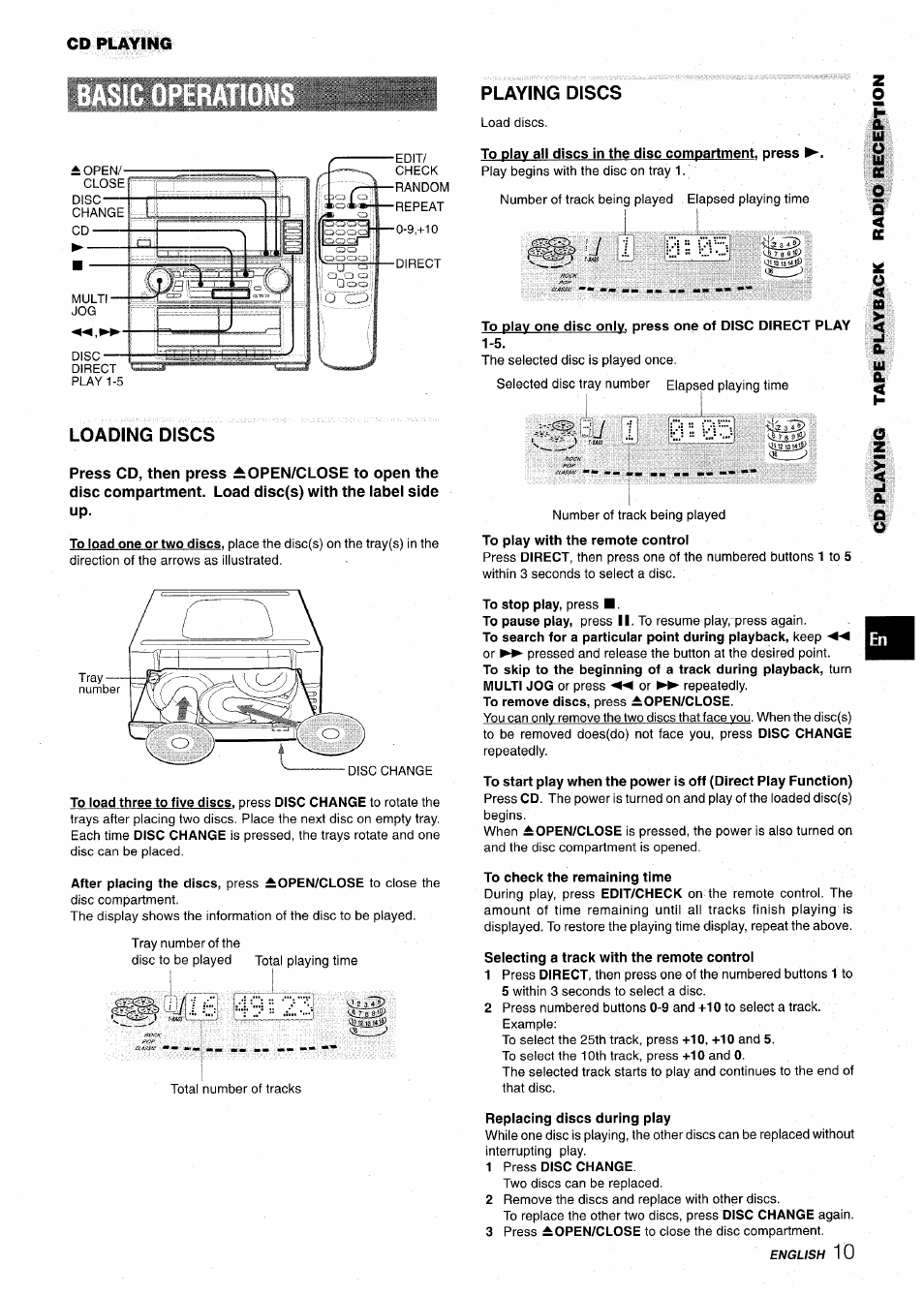 Loading discs, Playing discs, To play all discs in the disc compartment, press | To check the remaining time, Selecting a track with the remote control, Replacing discs during play, 1 press disc change | Aiwa Z-VR55 User Manual | Page 11 / 68