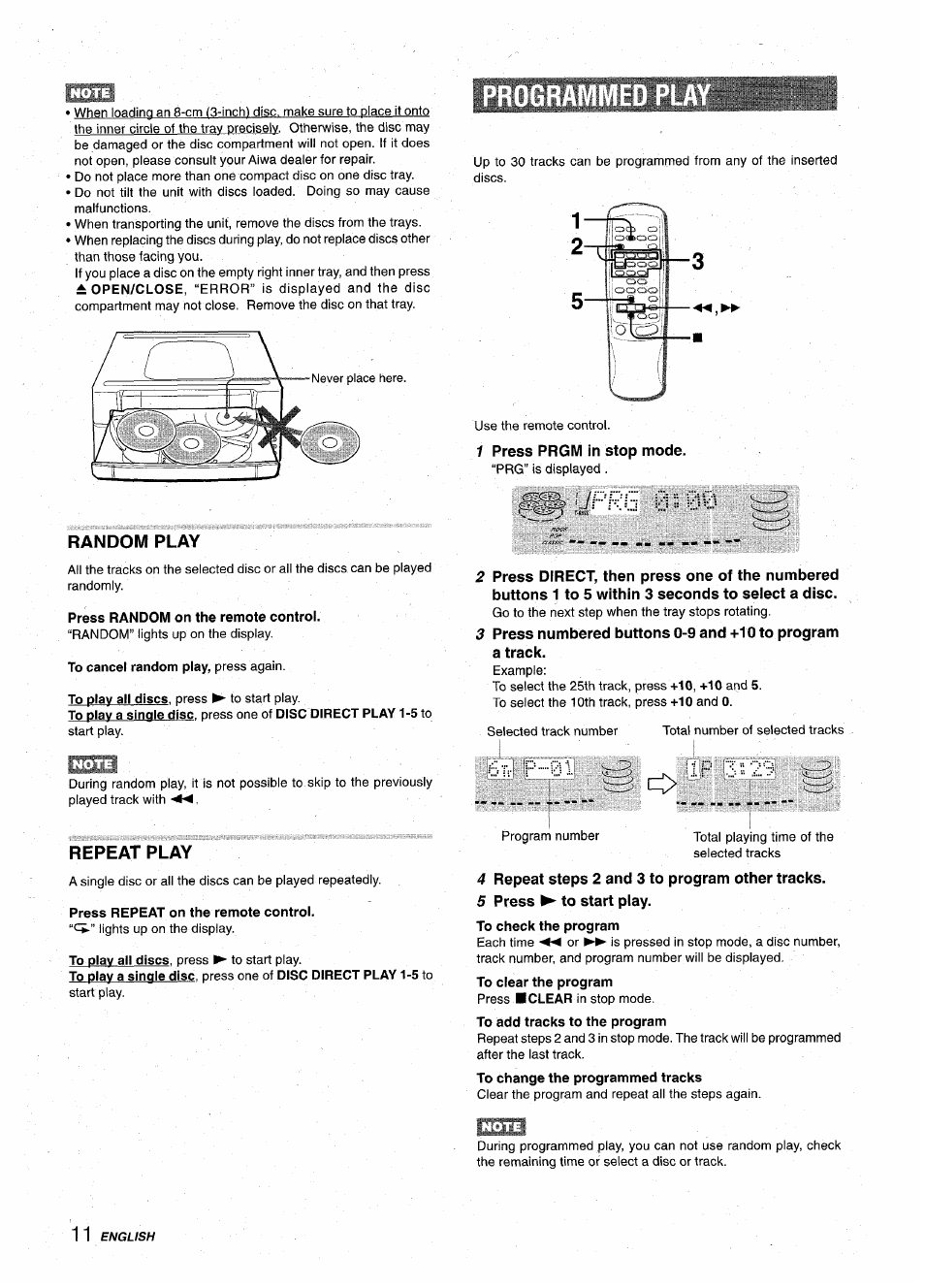 Random play, Press random on the remote control, 1 press prgm in stop mode | Repeat play, Press repeat on the remote control, 4 repeat steps 2 and 3 to program other tracks, 5 press ► to start play | Aiwa Z-VR55 User Manual | Page 12 / 68