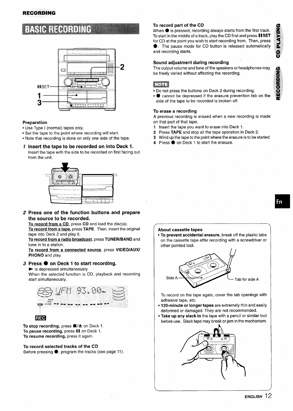 Preparation, 1 insert the tape to be recorded on into deck 1, Press # on deck 1 to start recording | To record selected tracks of the cd, To record part of the cd, Sound adjustment during recording, To erase a recording, About cassette tapes | Aiwa Z-VR55 User Manual | Page 13 / 68
