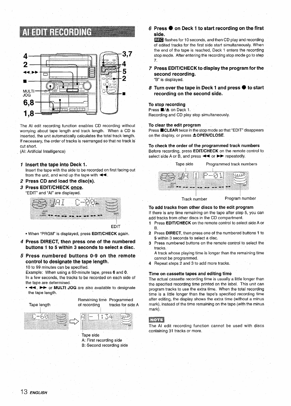 To stop recording, To clear the edit program, To check the order of the programmed track numbers | Time on cassette tapes and editing timé | Aiwa Z-VR55 User Manual | Page 14 / 68