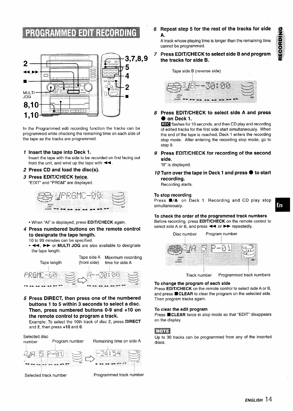To stop recording, To check the order of the programmed track numbers, 3 p 01 | To clear the edit program | Aiwa Z-VR55 User Manual | Page 15 / 68