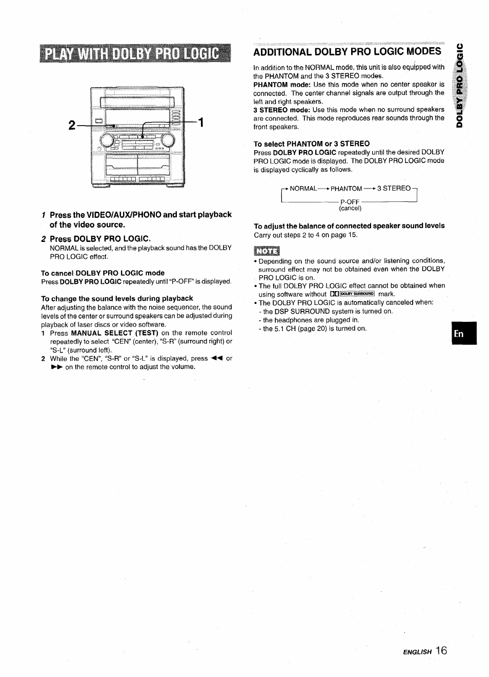 Additional dolby pro logic modes, 2 press dolby pro logic, To cancel dolby pro logic mode | To change the sound levels during playback, Additional dolby pro logic modes ^ 1 | Aiwa Z-VR55 User Manual | Page 17 / 68