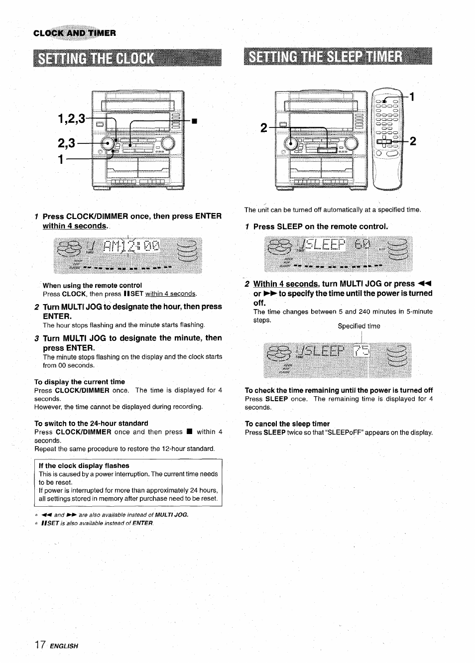 Sleep 60, When using the remote control, To display the current time | To switch to the 24-hour standard, If the clock display flashes, To cancel the sleep timer | Aiwa Z-VR55 User Manual | Page 18 / 68