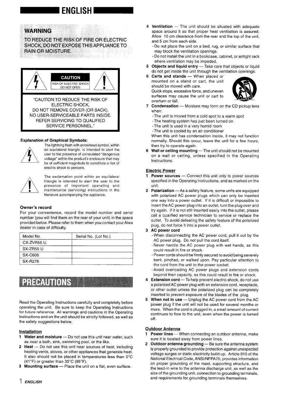 English, Warning, Caution | Explanation of graphical symbols, Owner’s record, Installation, Electric power, 3 ac power cord, Outdoor antenna | Aiwa Z-VR55 User Manual | Page 2 / 68