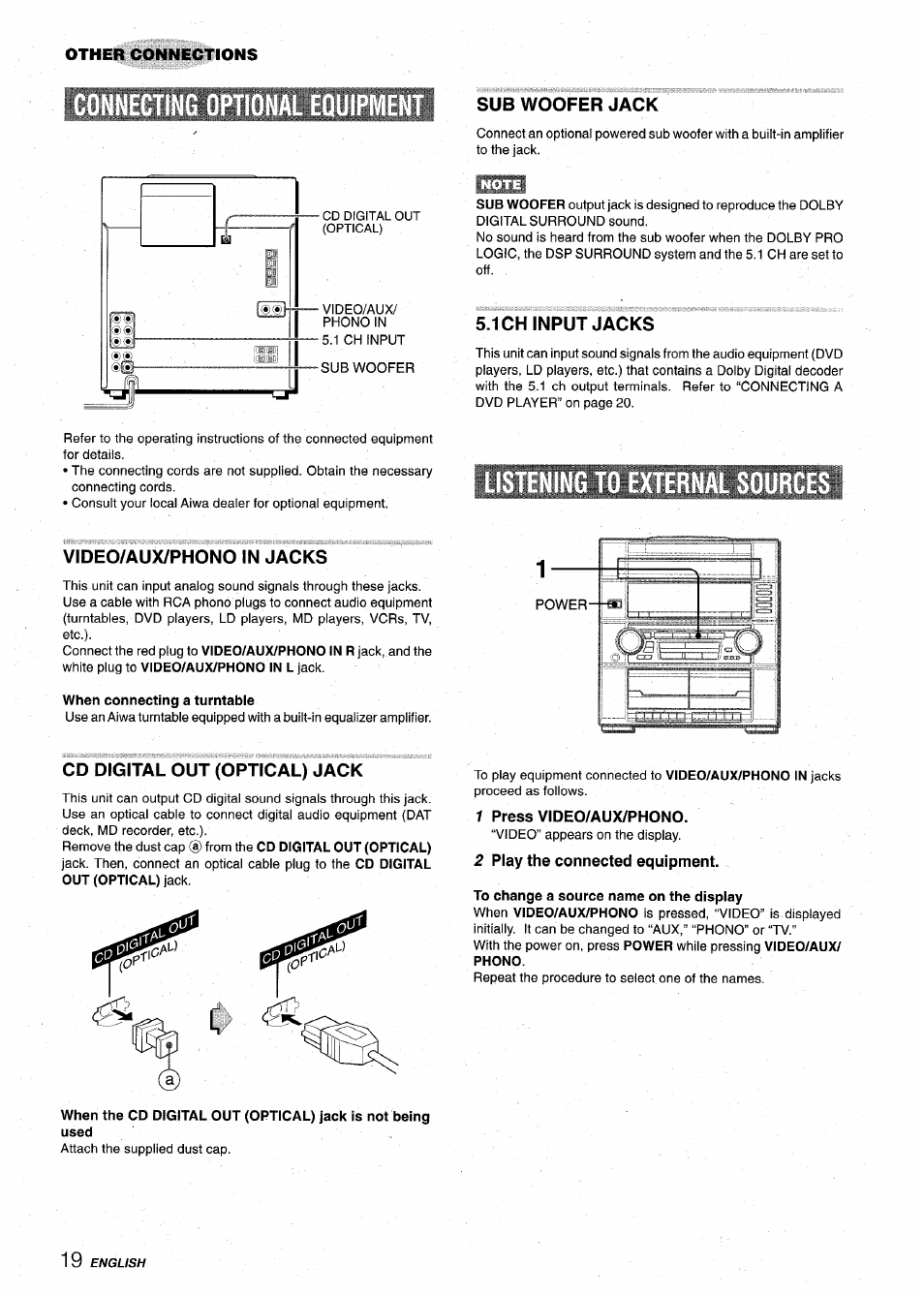Sub woofer jack, 1 ch input jacks, Ng to external sources | Video/aux/phono in jacks, Cd digital out (optical) jack, 1 press video/aux/phono, 2 play the connected equipment | Aiwa Z-VR55 User Manual | Page 20 / 68