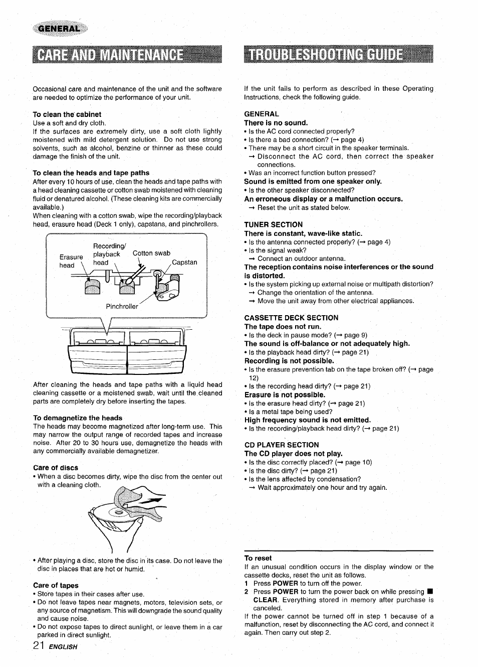 To clean the cabinet, To clean the heads and tape paths, To demagnetize the heads | Care of tapes, General there is no sound, Tuner section, Cassette deck section the tape does not run, Cd player section the cd player does not play | Aiwa Z-VR55 User Manual | Page 22 / 68