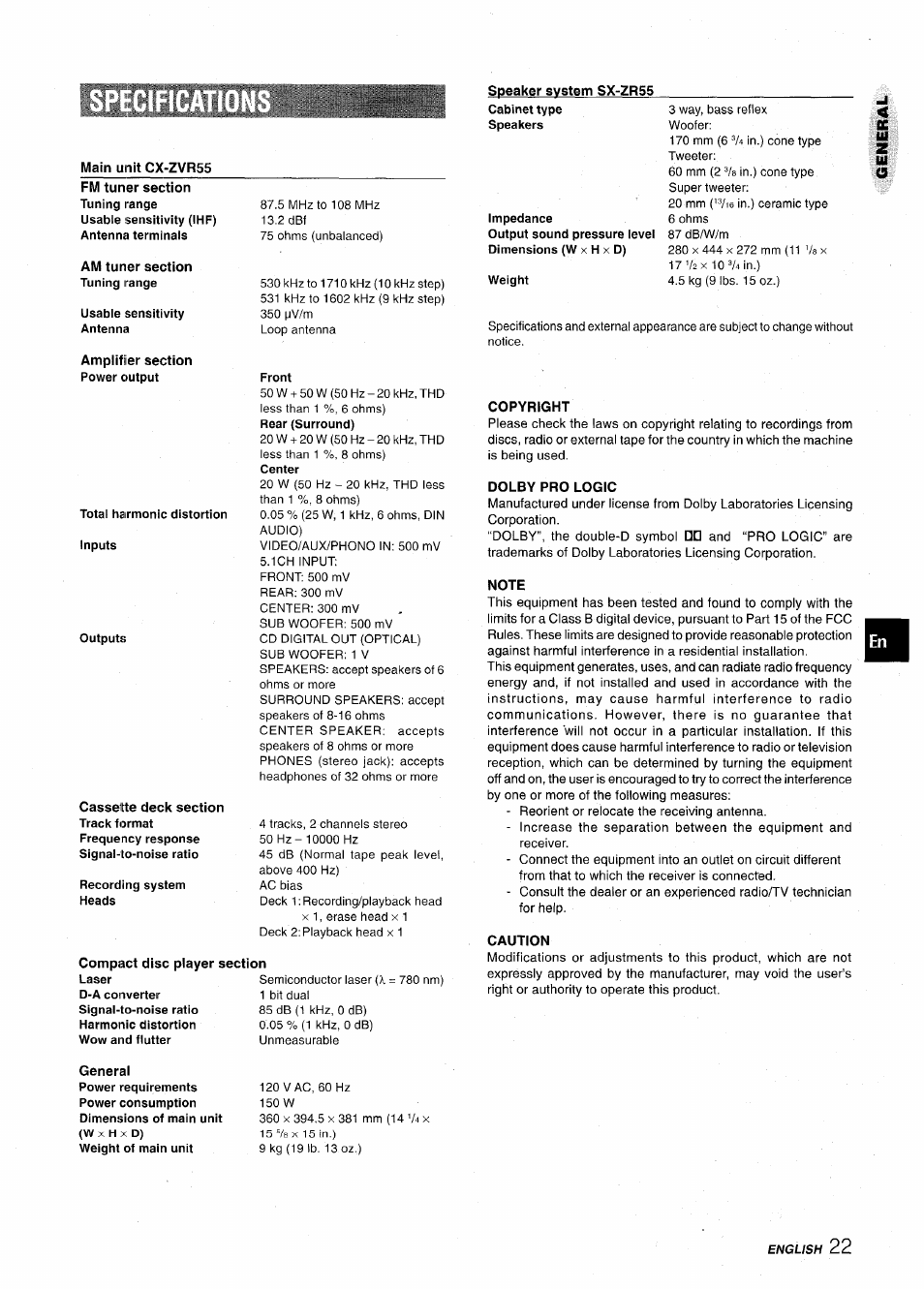 Speaker system sx-zr55, Main unit cx-zvr55, Am tuner section tuning range | Amplifier section power output, Compact disc player section, Copyright, Dolby pro logic, Note, Caution, General | Aiwa Z-VR55 User Manual | Page 23 / 68