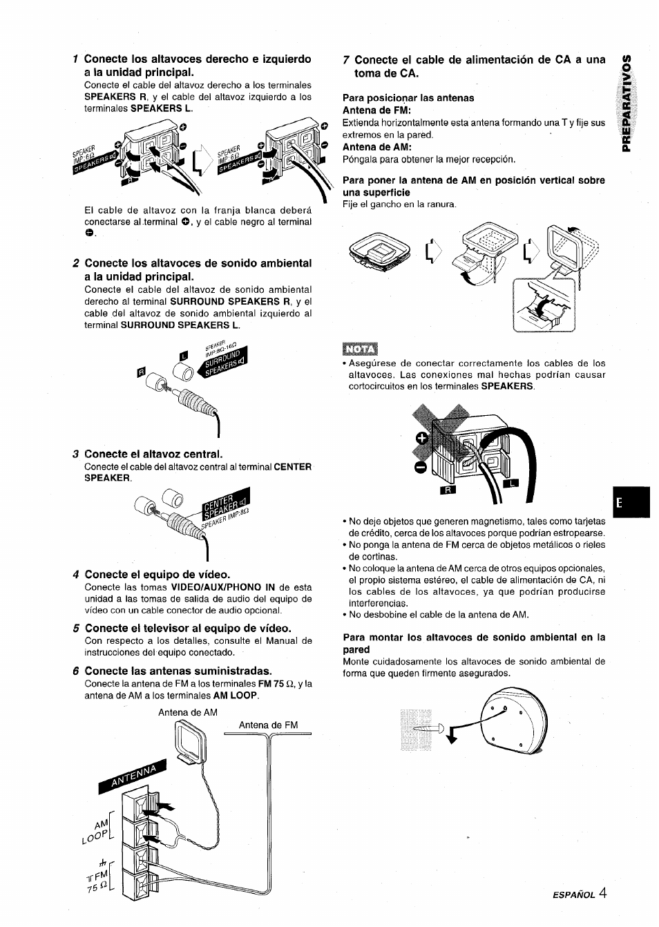 3 conecte el altavoz central, 4 conecte el equipo de vídeo, 5 conecte el televisor al equipo de vídeo | 6 conecte las antenas suministradas | Aiwa Z-VR55 User Manual | Page 27 / 68