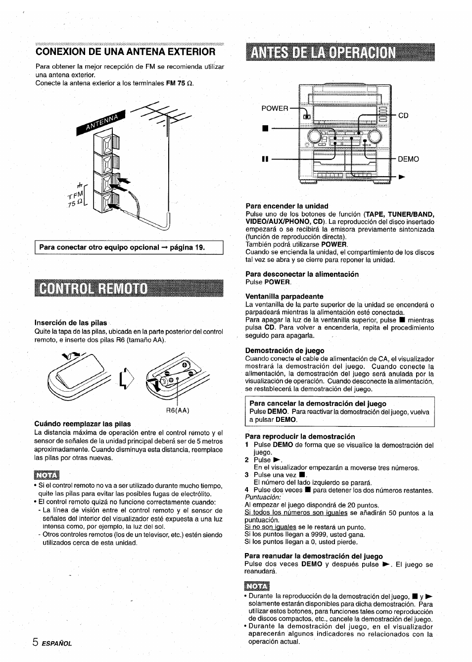 Conexion de una antena exterior, Inserción de las pilas, Cuándo reemplazar las pilas | Para encender la unidad, Para desconectar la alimentación pulse power, Ventanilla parpadeante, Demostración de juego, Para cancelar la demostración del juego, Para reproducir la demostración, Para reanudar la demostración del juego | Aiwa Z-VR55 User Manual | Page 28 / 68