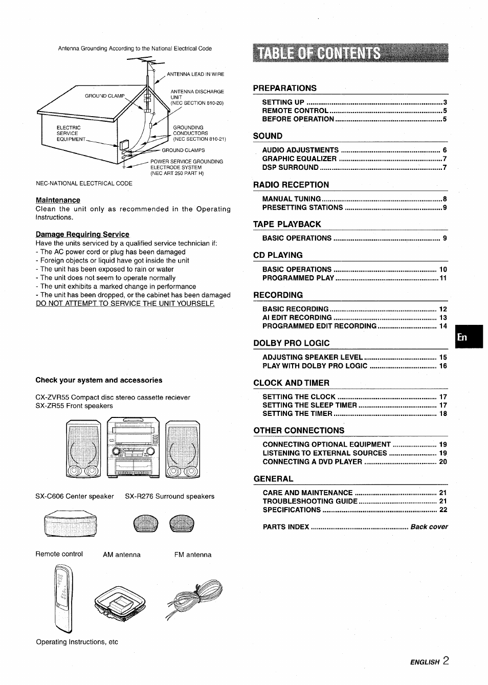 Maintenance, Damage requiring service, Check your system and accessories | Aiwa Z-VR55 User Manual | Page 3 / 68