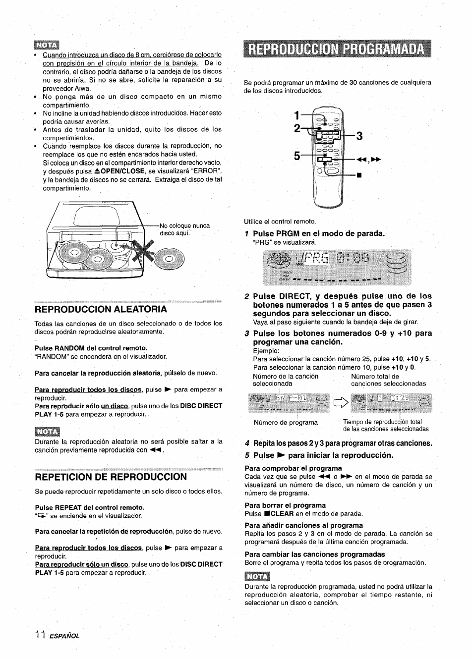 Reproduccion programada, 1 pulse prgm en el modo de parada, Í^ryprs 0 = 00 | Reproduccion aleatoria, Pulse random del control remoto, Repeticion de reproduccion, Pulse repeat del control remoto, 5 pulse ^ para iniciar la reproducción, I ........... i | Aiwa Z-VR55 User Manual | Page 34 / 68