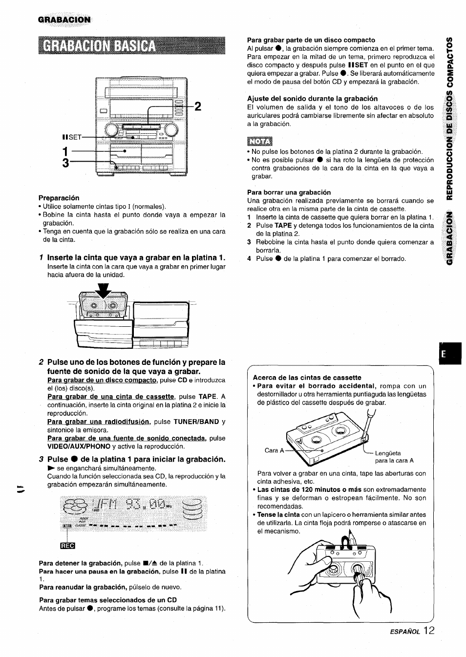 Preparación, Ísfuf/1 93.00, Para grabar parte de un disco compacto | Ajuste del sonido durante la grabación, Para borrar una grabación | Aiwa Z-VR55 User Manual | Page 35 / 68