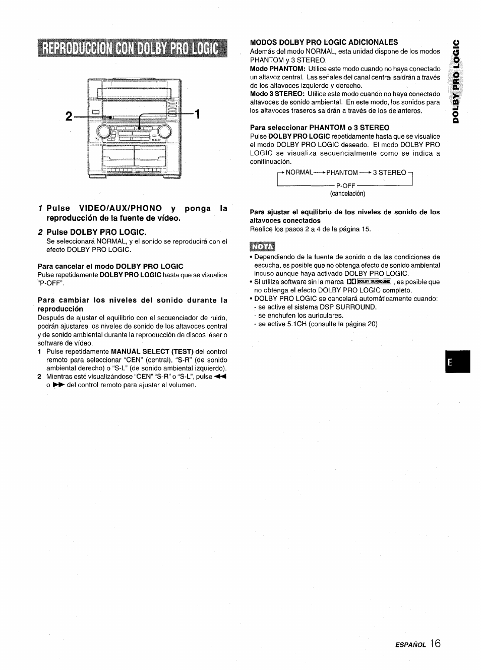 Para cancelar el modo dolby pro logic, Modos dolby pro logic adicionales, Para seleccionar phantom o 3 stereo | Aiwa Z-VR55 User Manual | Page 39 / 68