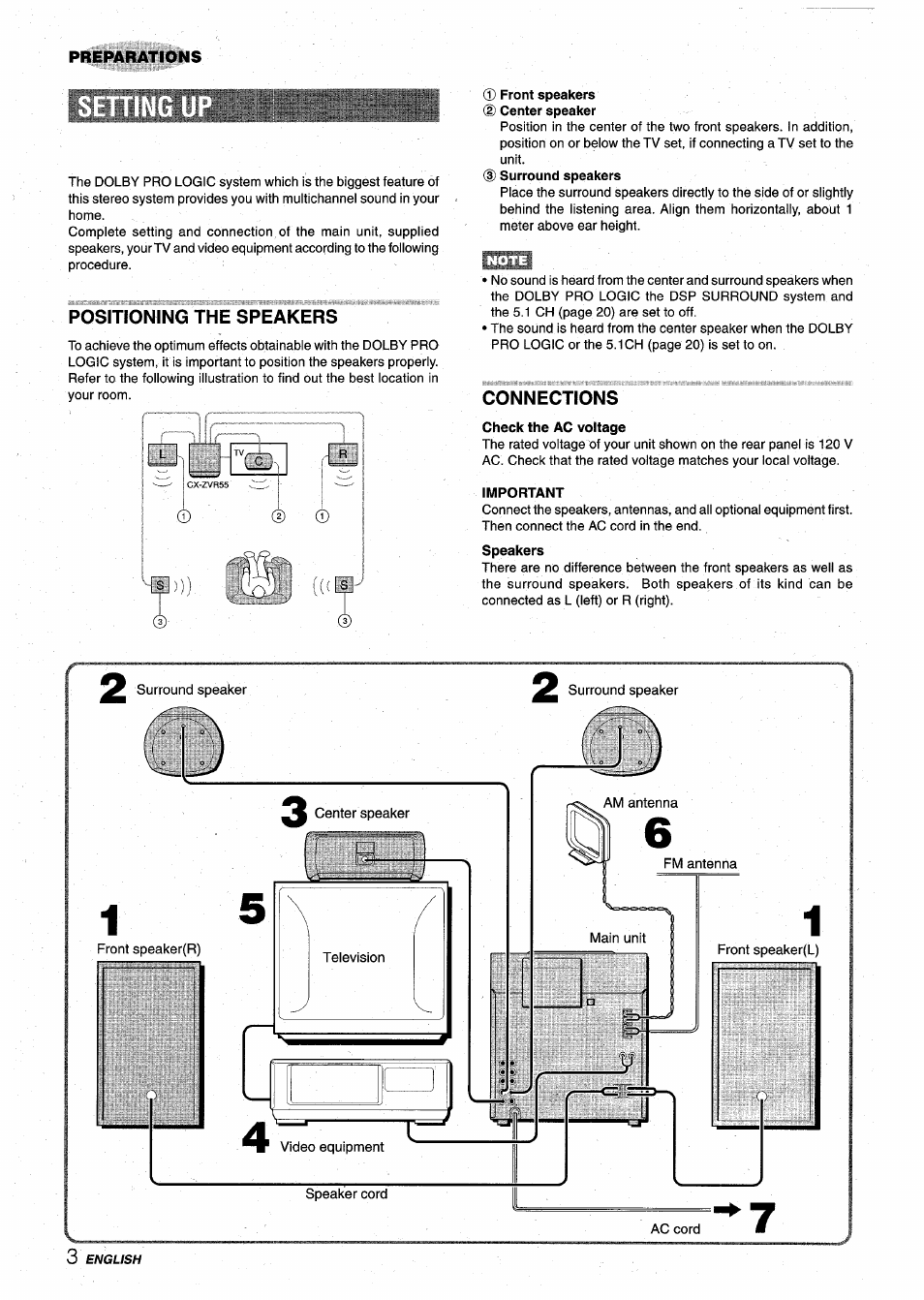 Posmoming the speakers, Front speakers (d center speaker, Connections | Check the ac voltage, Important, Posmoming, Speakers | Aiwa Z-VR55 User Manual | Page 4 / 68