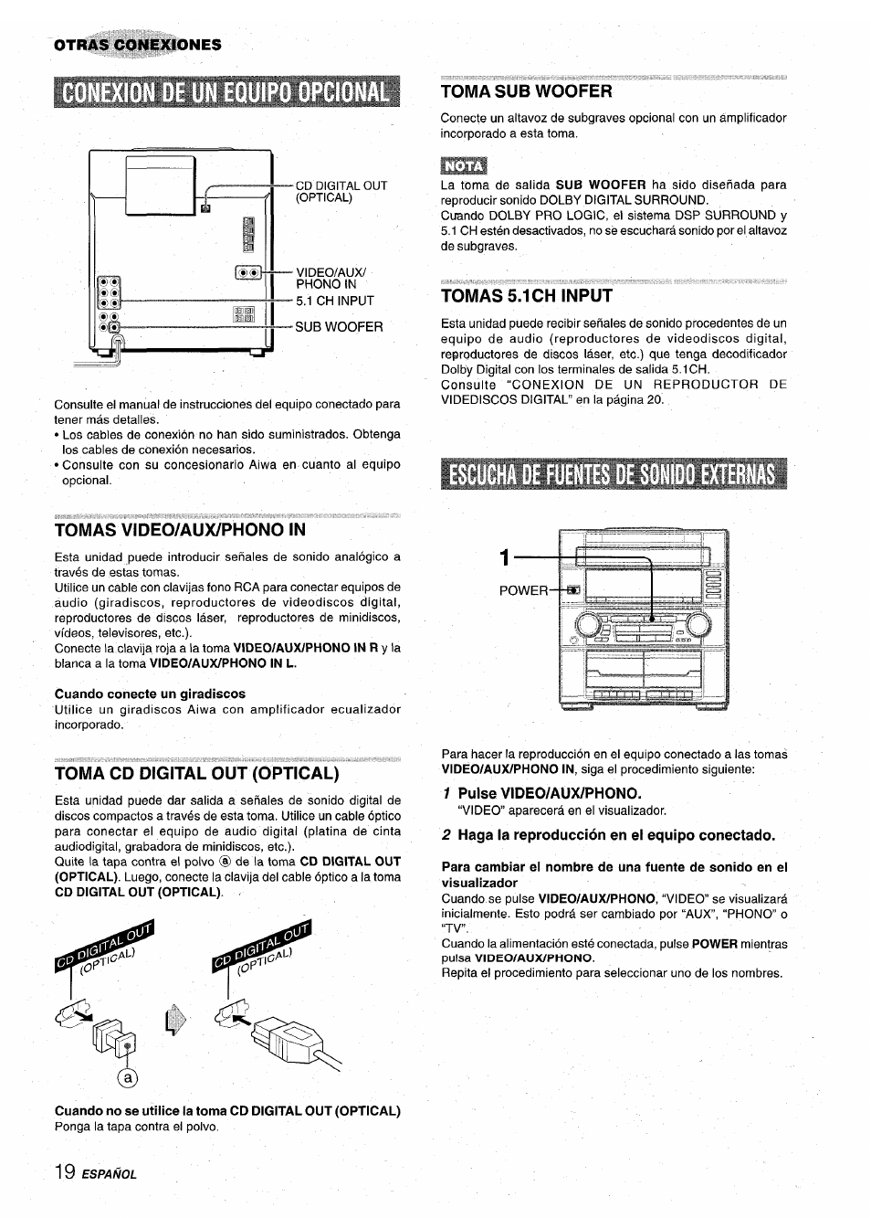 Tomasubwoofer, Tomas 5.1 ch input, Tomas video/aux/phono in | Toma cd digital out (optical), 1 pulse video/aux/phono, 2 haga la reproducción en el equipo conectado | Aiwa Z-VR55 User Manual | Page 42 / 68