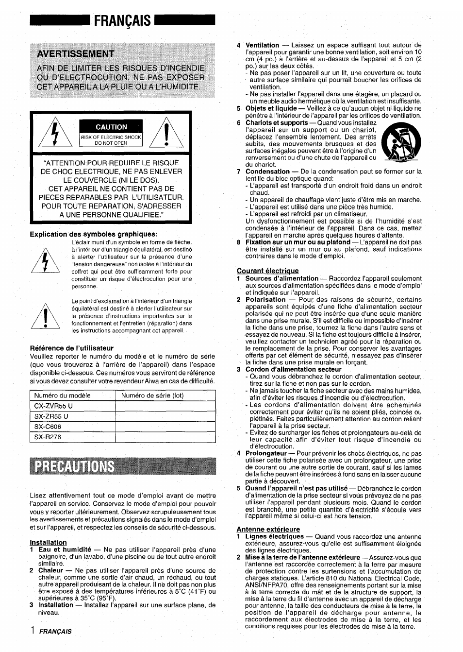 Français, Avertissement, Caution | Explication des symboles graphiques, Référence de l’utilisateur, Installation, Courant électrique, 3 cordon d’alimentation secteur, Antenne extérieure | Aiwa Z-VR55 User Manual | Page 46 / 68
