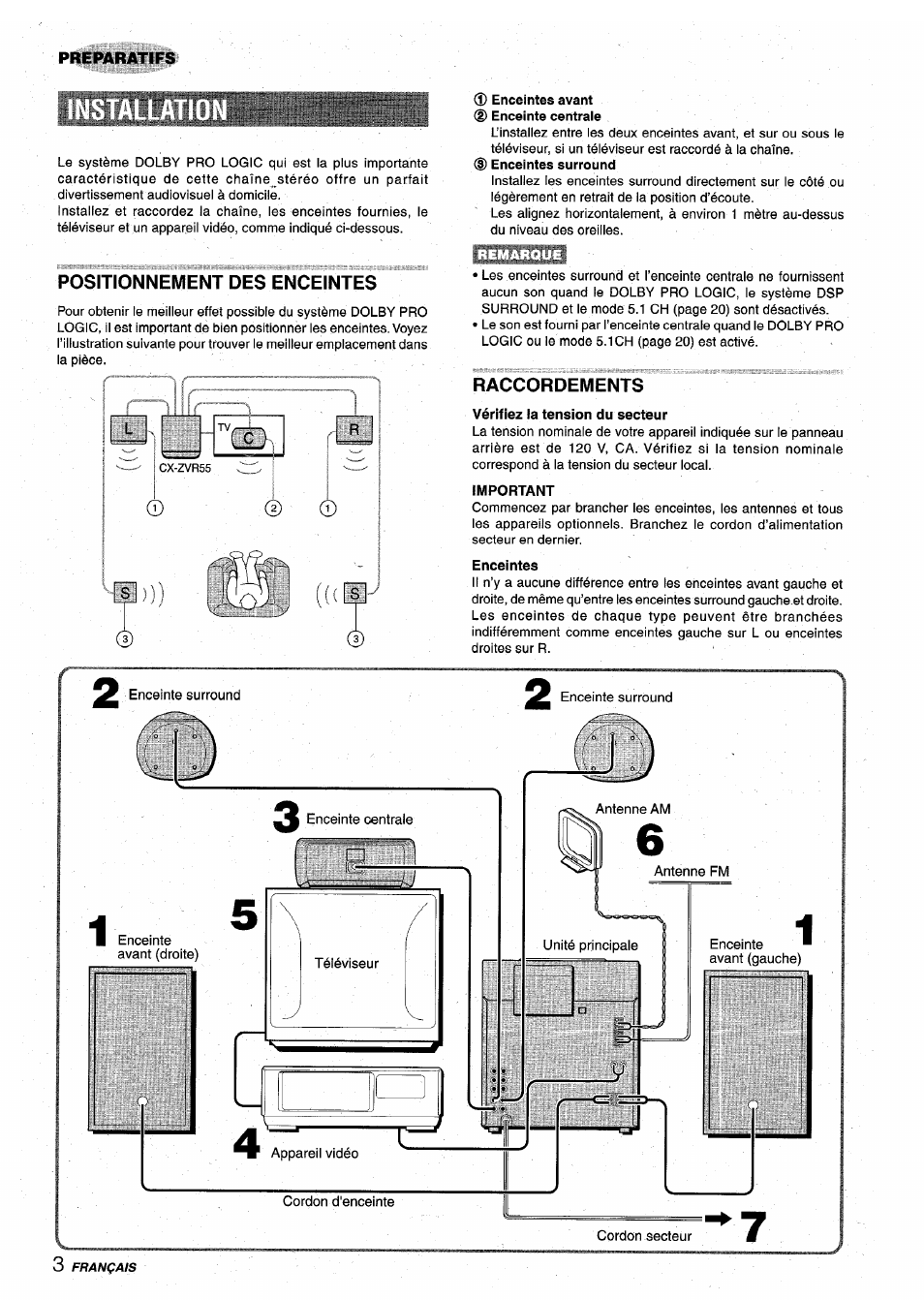 Positionnement des enceintes, Enceintes avant @ enceinte centrale, Raccordements | Vérifiez la tension du secteur, Important, Enceintes | Aiwa Z-VR55 User Manual | Page 48 / 68