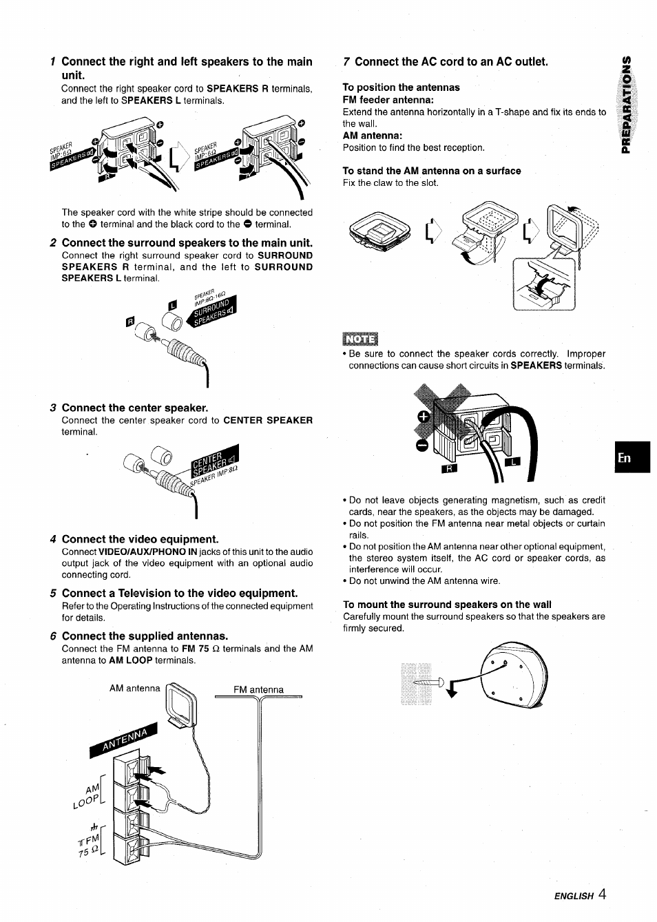 2 connect the surround speakers to the main unit, 3 connect the center speaker, 4 connect the video equipment | 5 connect a television to the video equipment, 6 connect the suppiied antennas, 7 connect the ac cord to an ac outiet, To position the antennas fm feeder antenna, To stand the am antenna on a surface, To mount the surround speakers on the wall | Aiwa Z-VR55 User Manual | Page 5 / 68
