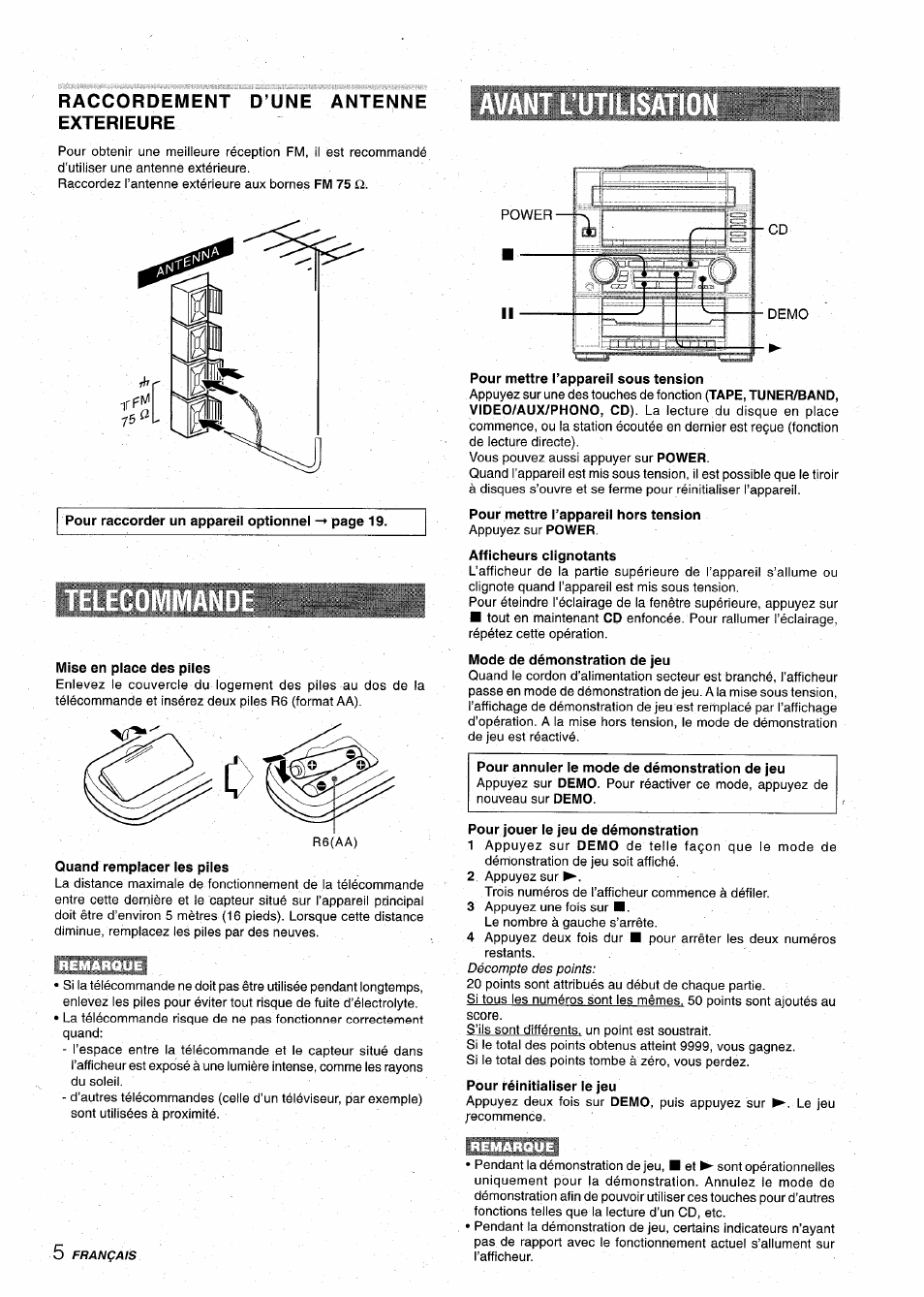 Raccordement d’une antenne exterieure, Mise en place des piles, Quand remplacer les piles | Pour mettre l’appareil sous tension, Pour jouer le jeu de démonstration | Aiwa Z-VR55 User Manual | Page 50 / 68