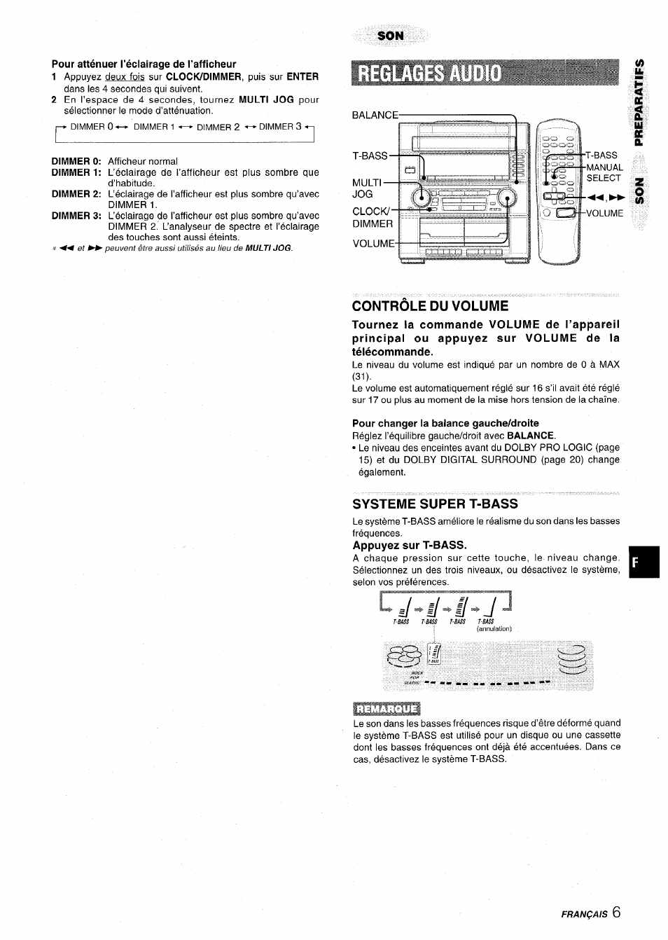 Pour atténuer l’éclairage de l’afficheur, Controle du volume, Pour changer la balance gauche/droite | Systeme super t-bass, Appuyez sur t-bass | Aiwa Z-VR55 User Manual | Page 51 / 68
