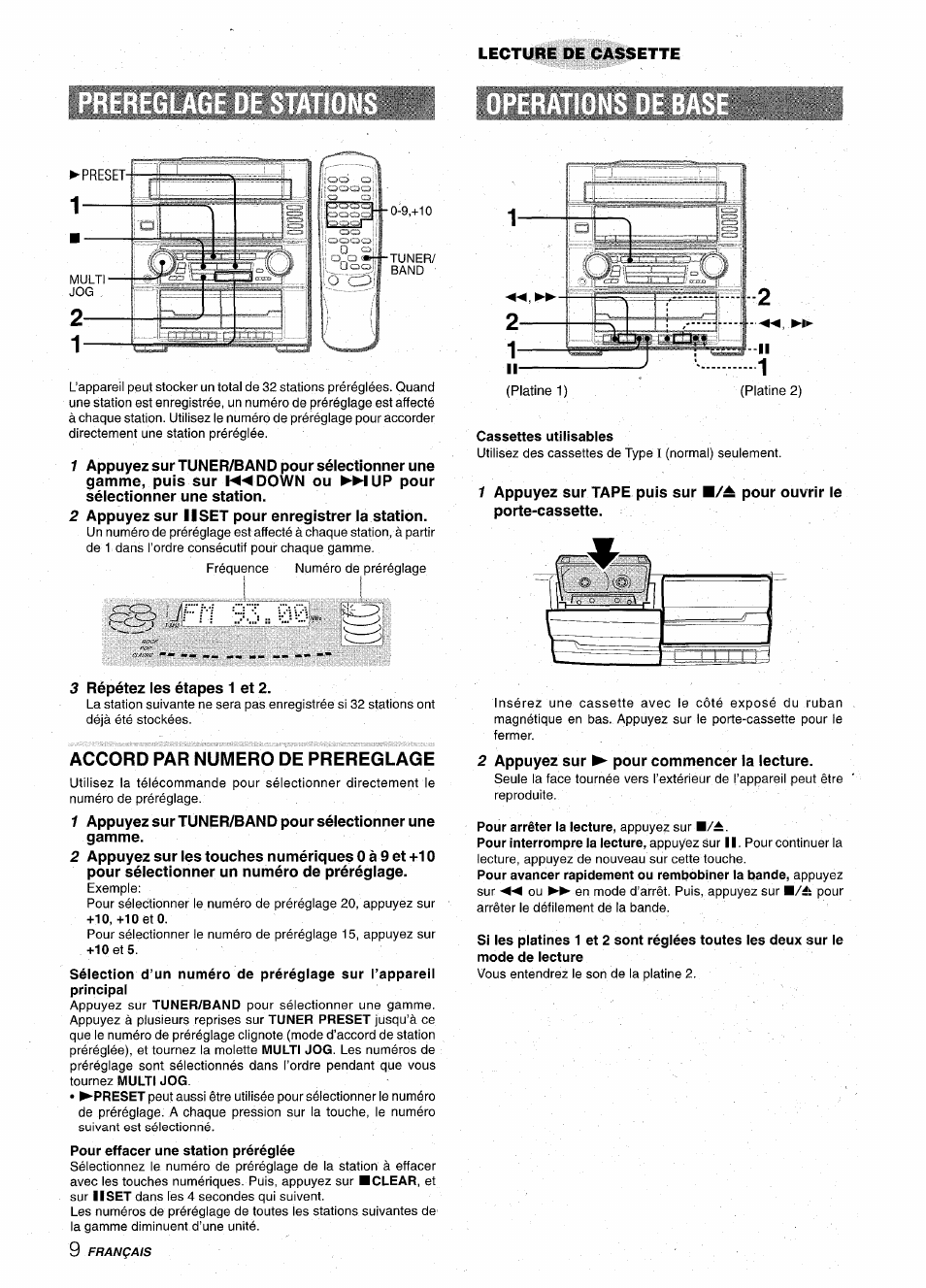Accord par numero de prereglage, Cassettes utilisables | Aiwa Z-VR55 User Manual | Page 54 / 68