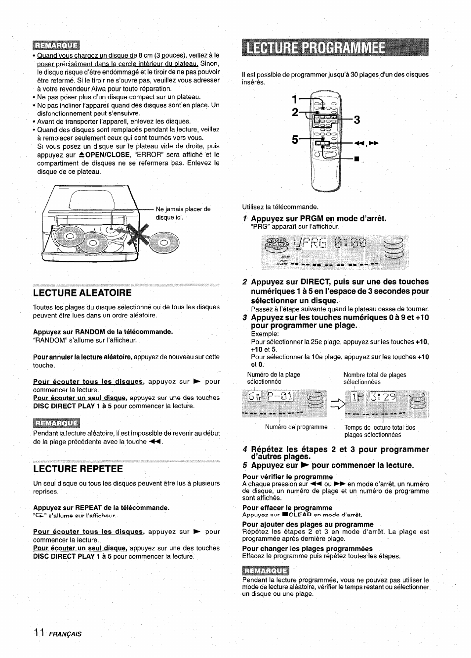 Lecture program, 1« uprs 8 s 00, Lecture aleatoire | Appuyez sur random de la télécommande, Lecture repetee, Appuyez sur repeat de la télécommande, Uprs, 8 s 00, Ïr p | Aiwa Z-VR55 User Manual | Page 56 / 68