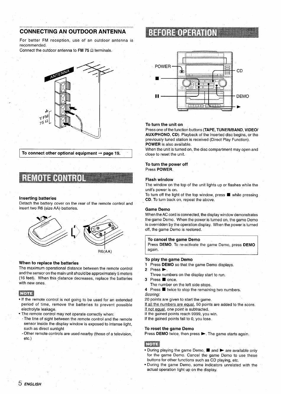 Connecting an outdoor antenna, Inserting batteries, When to replace the batteries | To turn the unit on, To turn the power off, Flash window, Game demo, To cancel the game demo, To play the game demo | Aiwa Z-VR55 User Manual | Page 6 / 68