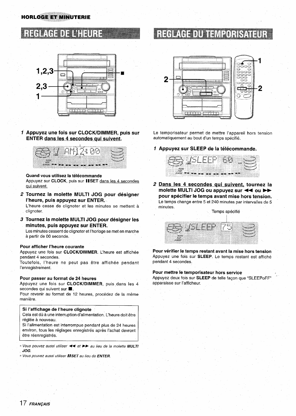 Mporisateur, Quand vous utilisez la télécommande, Pour afficher l’heure courante | Pour passer au format de 24 heures, Si l’affichage de l’heure clignote, Pour mettre le temporisateur hors service | Aiwa Z-VR55 User Manual | Page 62 / 68