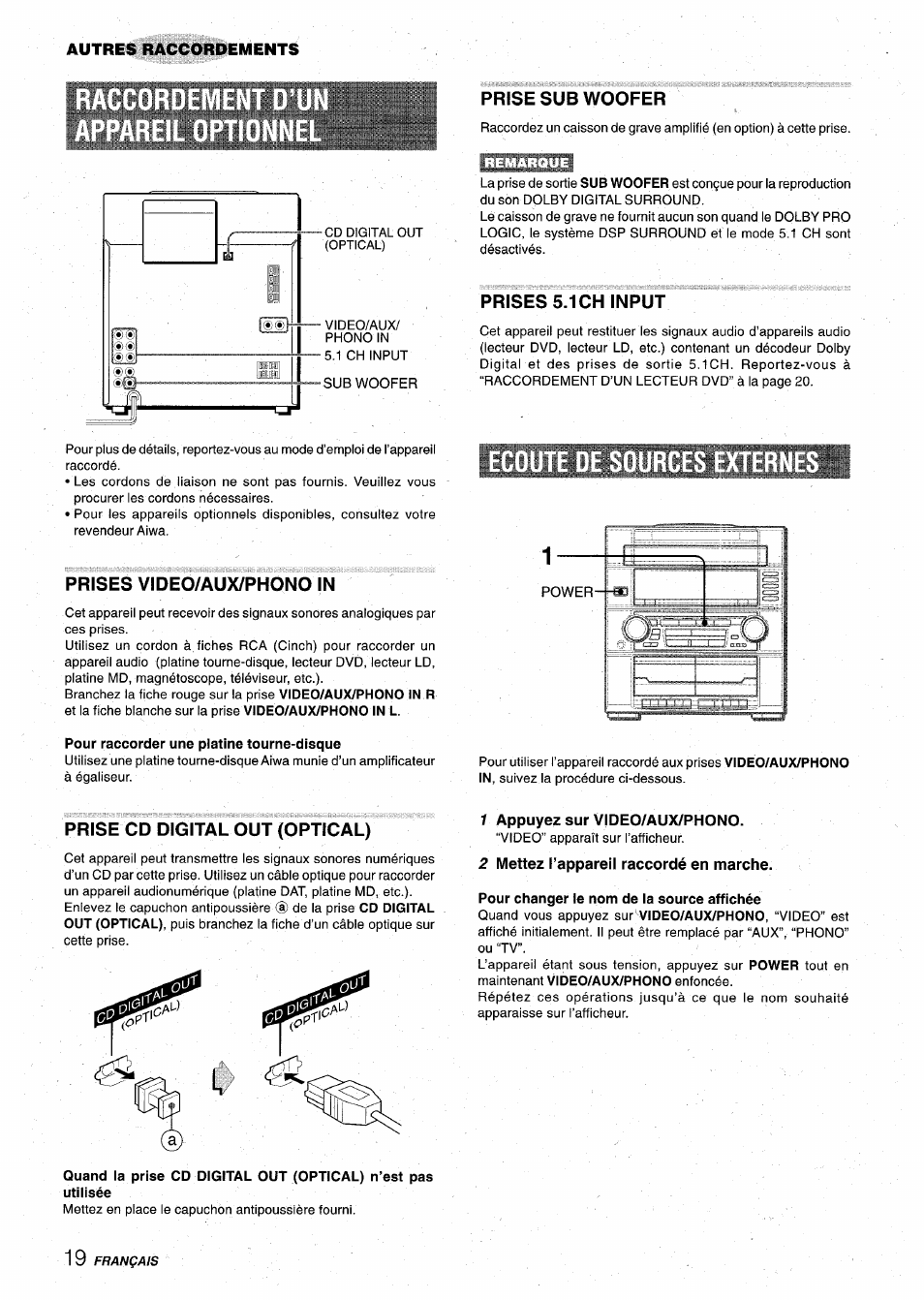 Prises video/aux/phono in, Prise sue woofer, Prises 5.1ch input | Prise cd digital out (optical), 1 appuyez sur video/aux/phono, 2 mettez l’appareil raccordé en marche | Aiwa Z-VR55 User Manual | Page 64 / 68
