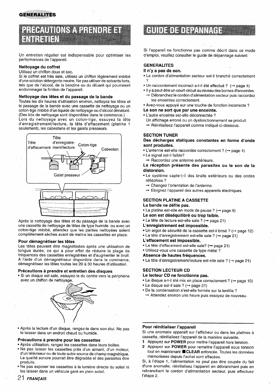 Section tuner, Section platine a cassette la bande ne défile pas, Section lecteur cd le lecteur cd ne fonctionne pas | Aiwa Z-VR55 User Manual | Page 66 / 68