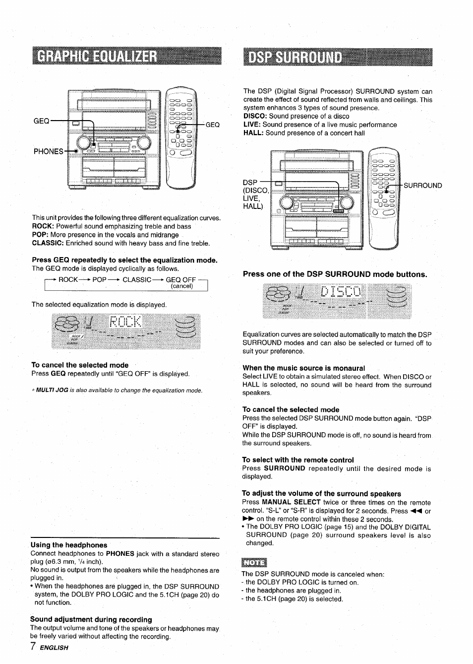 Rock, To cancei the seiected mode, Using the headphones | Sound adjustment during recording, Press one of the dsp surround mode buttons, Dl'sco, When the music source is monaurai, To cancel the selected mode, To select with the remote control | Aiwa Z-VR55 User Manual | Page 8 / 68