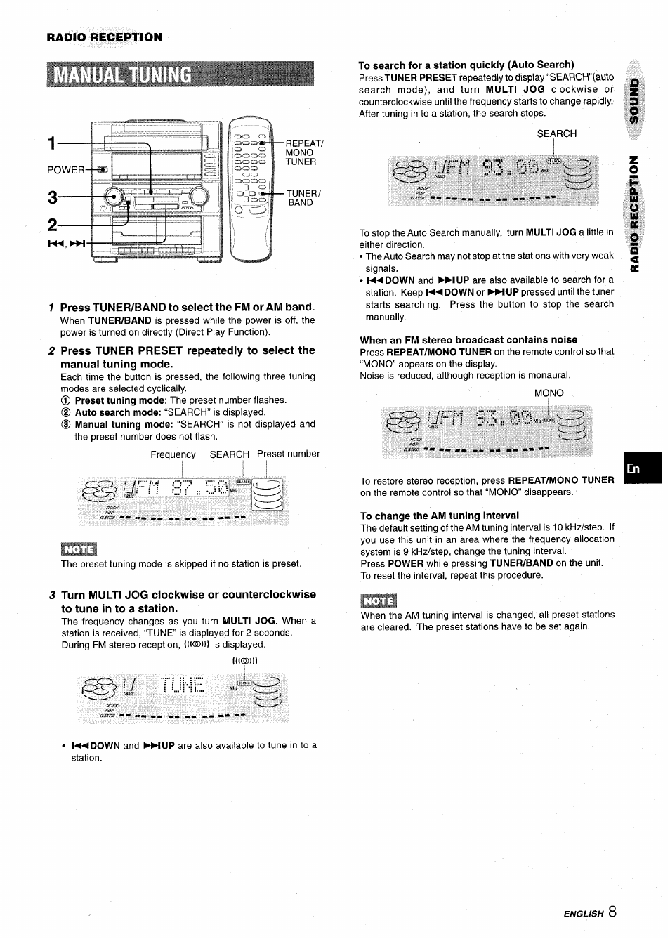 1 press tuner/e3and to select the fm or am band, Ftsf jri1 93:= 00 | Aiwa Z-VR55 User Manual | Page 9 / 68