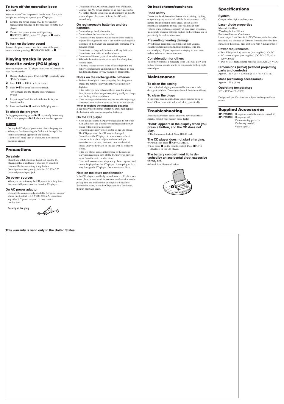 Playing tracks in your favorite order (pgm play), Precautions, Maintenance | Troubleshooting, Specifications, Supplied accessories | Aiwa XP-EV501R User Manual | Page 2 / 2