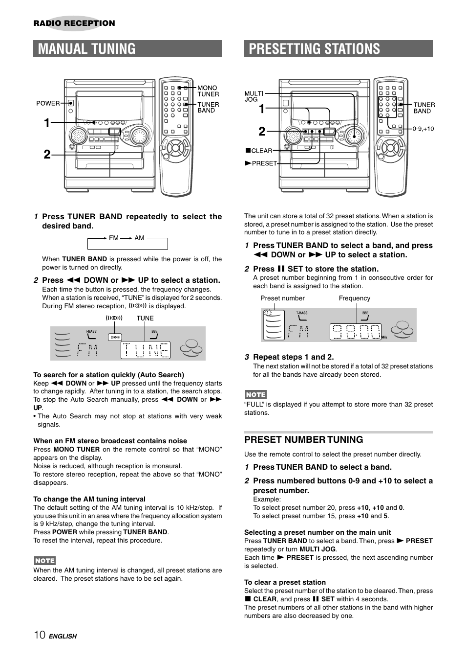 Manual tuning, Presetting stations, Preset number tuning | Aiwa NSX-HMT25 User Manual | Page 10 / 74