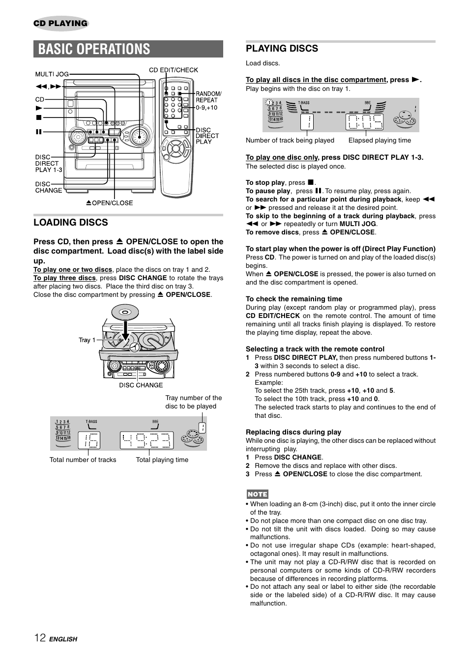 Basic operations, Loading discs, Playing discs | Aiwa NSX-HMT25 User Manual | Page 12 / 74