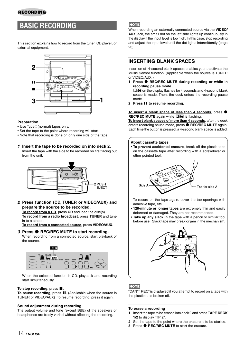 Cx-nhmt25 u (e) p14~26, Basic recording, Inserting blank spaces | Aiwa NSX-HMT25 User Manual | Page 14 / 74