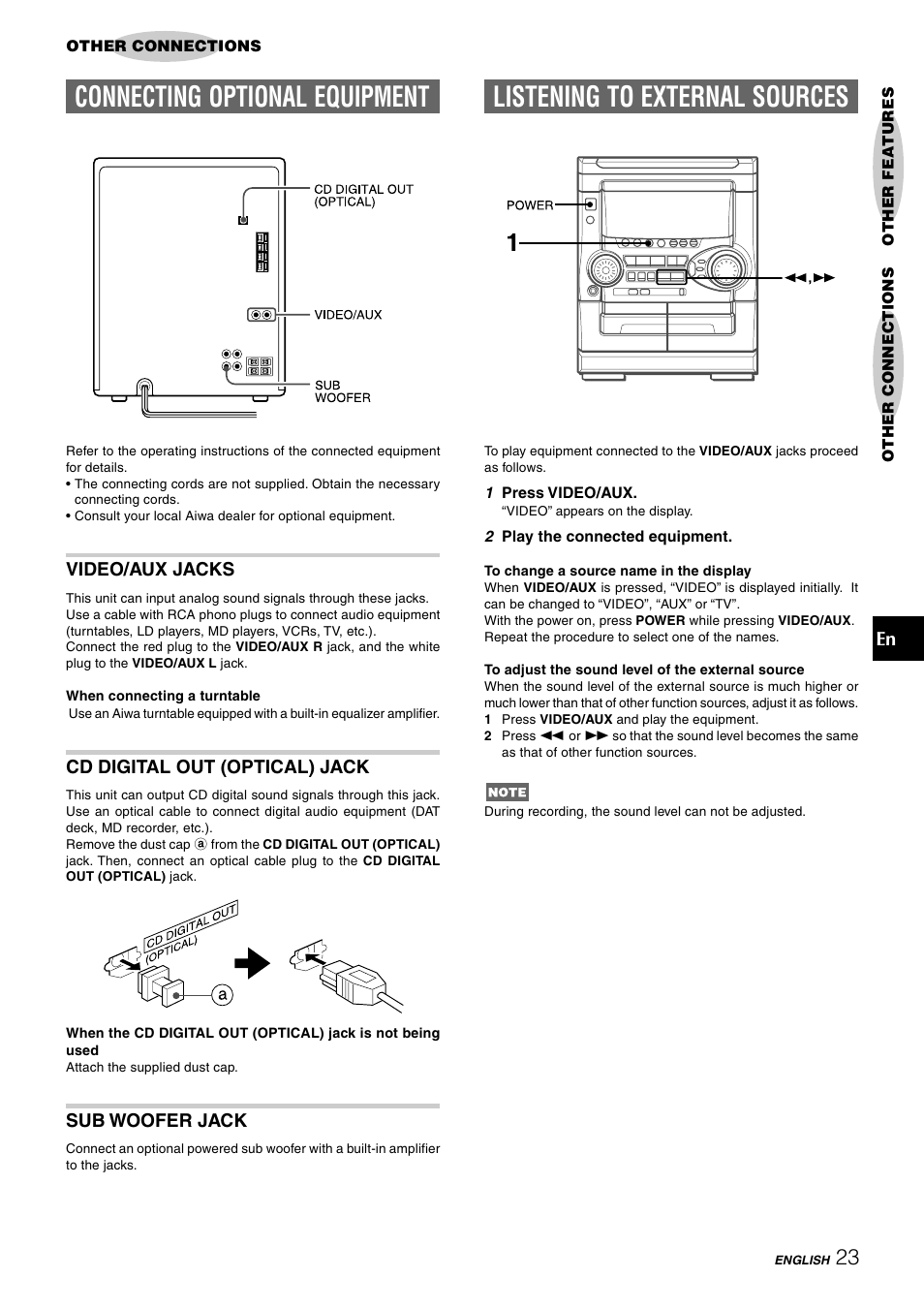 Connecting optional equipment, Listening to external sources | Aiwa NSX-HMT25 User Manual | Page 23 / 74
