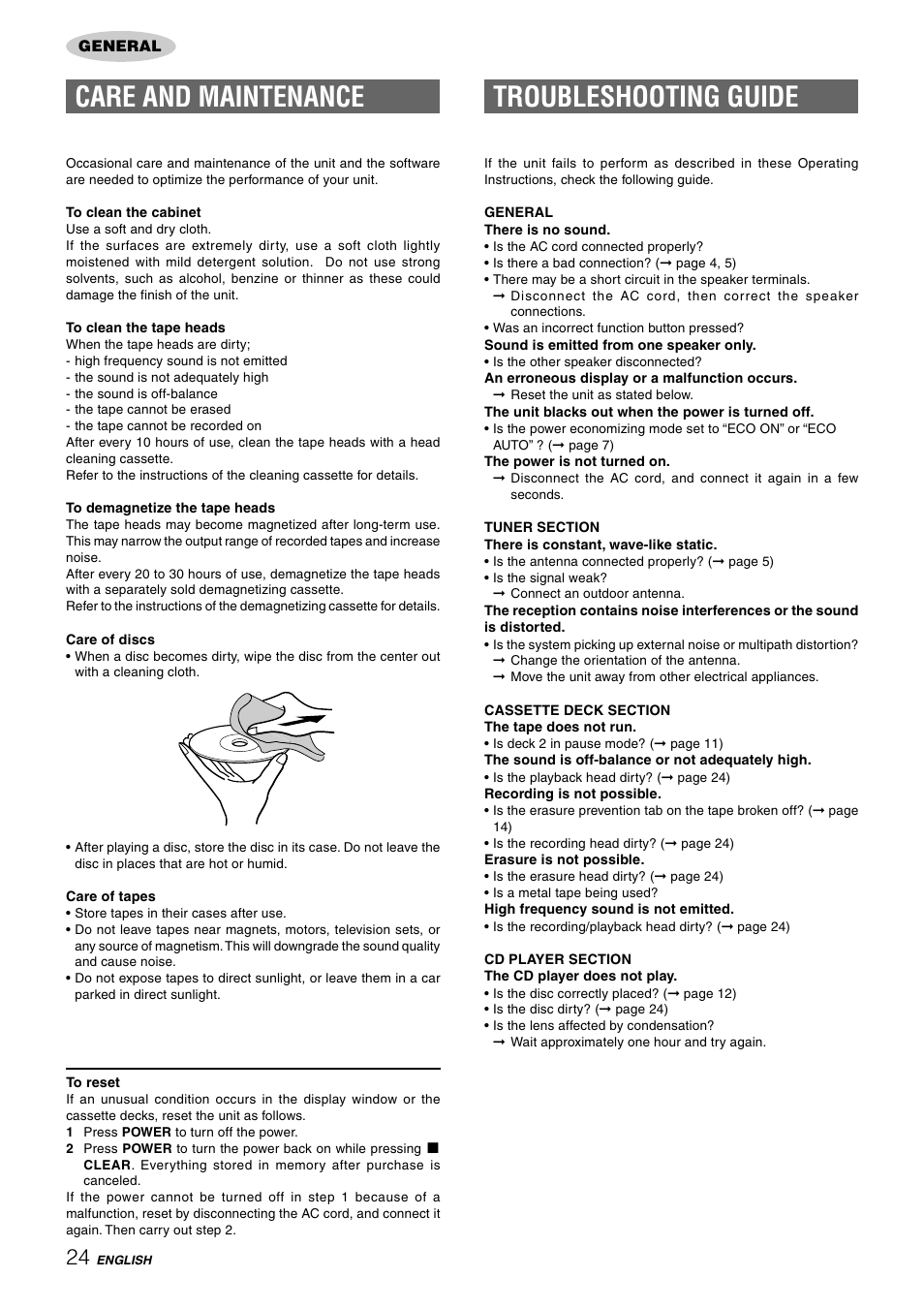 Care and maintenance, Troubleshooting guide | Aiwa NSX-HMT25 User Manual | Page 24 / 74