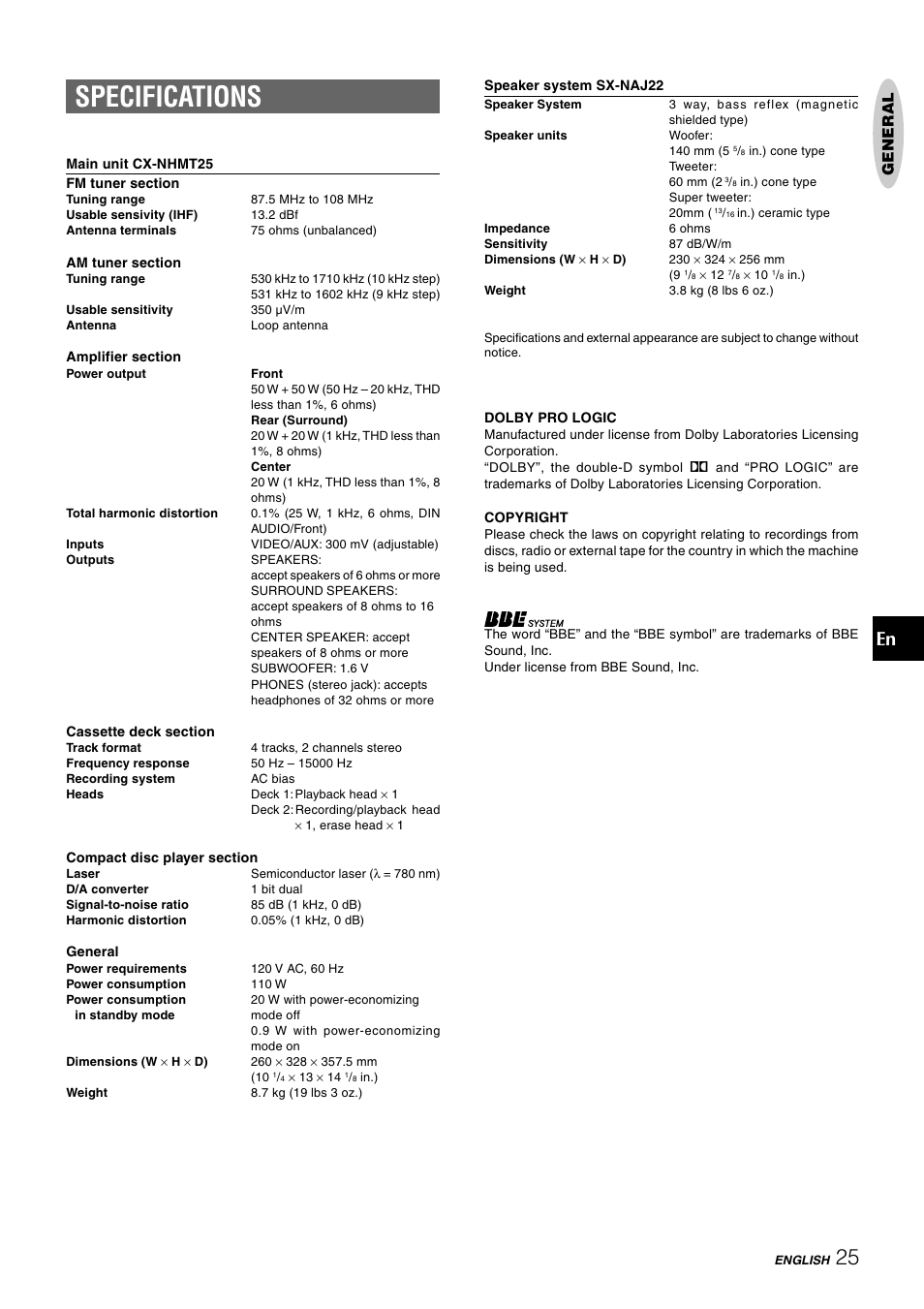 Specifications, General | Aiwa NSX-HMT25 User Manual | Page 25 / 74