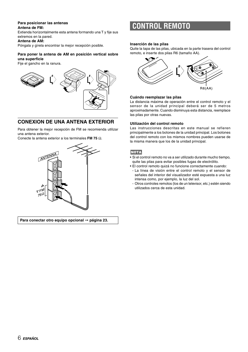 Control remoto, Conexion de una antena exterior | Aiwa NSX-HMT25 User Manual | Page 31 / 74