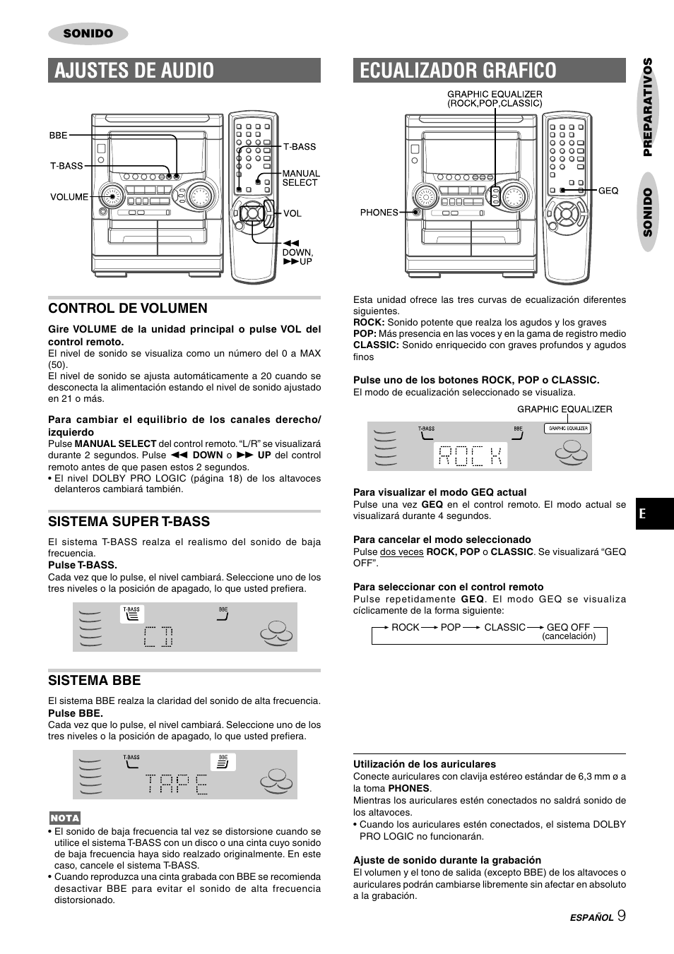 Ajustes de audio, Ecualizador grafico, Control de volumen | Sistema super t-bass, Sistema bbe | Aiwa NSX-HMT25 User Manual | Page 34 / 74