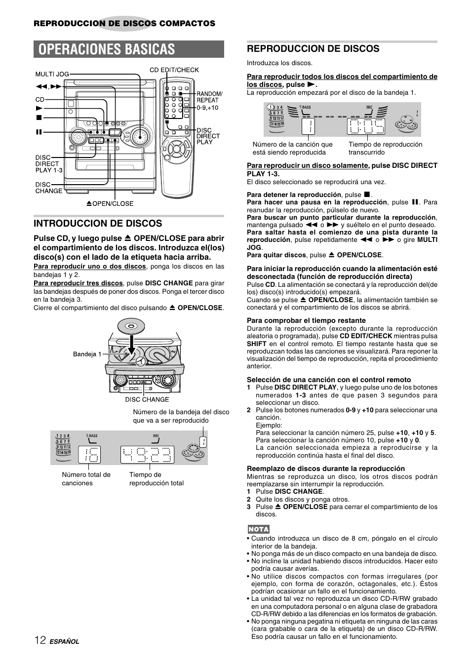 Operaciones basicas, Introduccion de discos, Reproduccion de discos | Aiwa NSX-HMT25 User Manual | Page 37 / 74