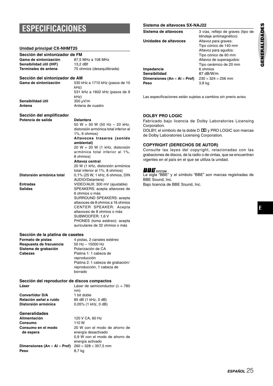 Especificaciones | Aiwa NSX-HMT25 User Manual | Page 50 / 74