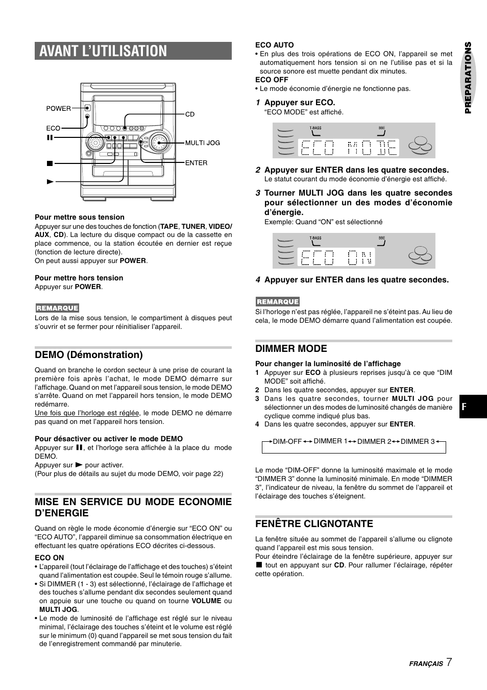 Avant l’utilisation, Demo (démonstration), Mise en service du mode economie d’energie | Dimmer mode, Fenêtre clignotante | Aiwa NSX-HMT25 User Manual | Page 56 / 74